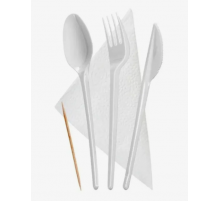 Набор белых приборов (вилка, ложка, нож, салфетка, зубочистка)