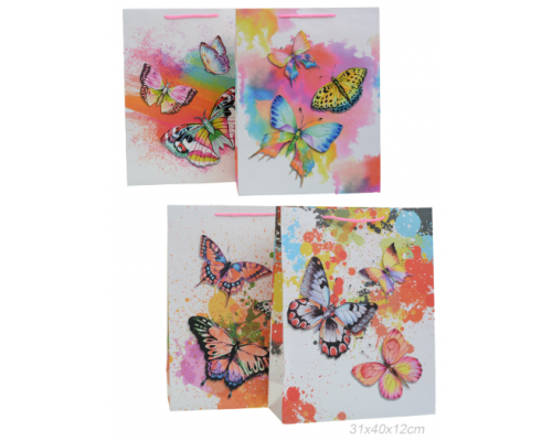 Пакет бумажный с ручками 31*40*12 БАБОЧКИ АКВАРЕЛЬ микс - купить в Оренбурге в Упакофф