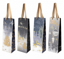 Пакет подарочный под бутылку 13*36*9 НОВЫЙ ГОД с текстильными ручками в ассортименте