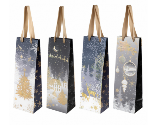 Пакет подарочный под бутылку 13*36*9 НОВЫЙ ГОД с текстильными ручками в ассортименте