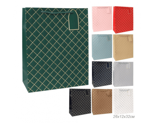 Пакет подарочный бумажный 26*32*12 МИКС тиснение золото цвет в ассортименте
