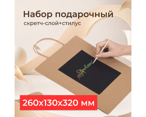 Пакет подарочный 26x13x32 НАБОР скретч-слой+стилус "Kraft Mix"