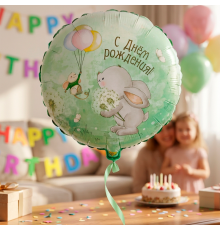 Шар фольгированный 18"/45см С днем рождения! Зайка с одуванчиками